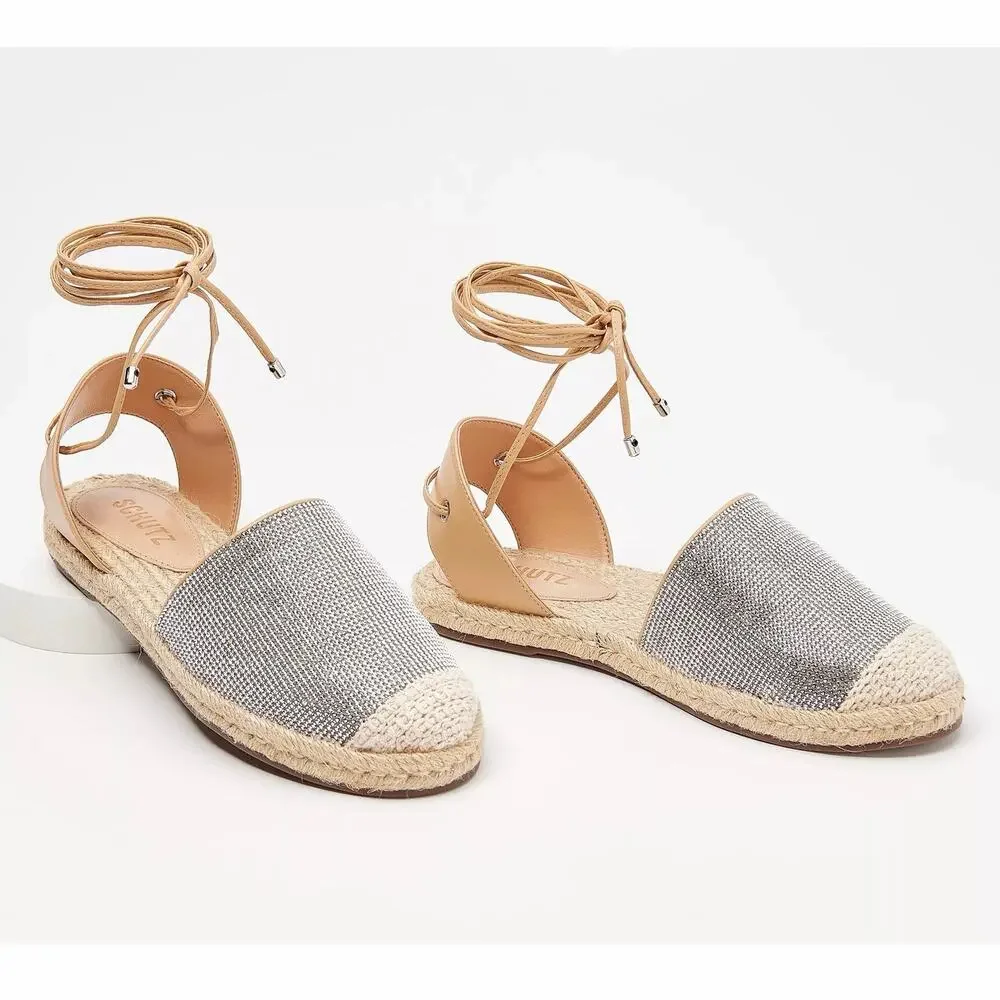 Schutz Crystal Lace-Up Espadrilles 7B Tan Silver Rhinestone Summer Flat Resort